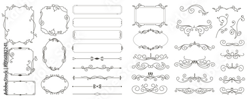 Vintage frame elements set design. Collection with elegant dividers and frames with floral ornaments, vintage wedding borders, ornamental curls templates for greeting cards. Vector illustration.