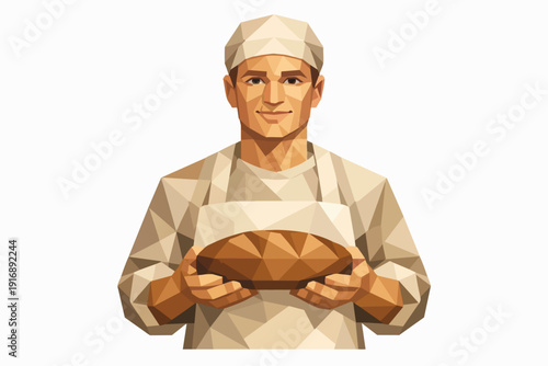 Baker holding fresh bread loaf in low poly geometric style illustration