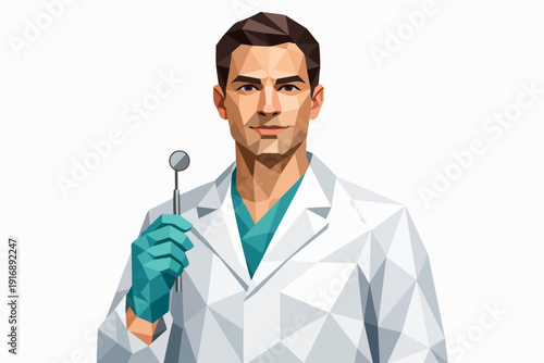 Male stomatologist holding dental mirror, low poly illustration for dentistry concept