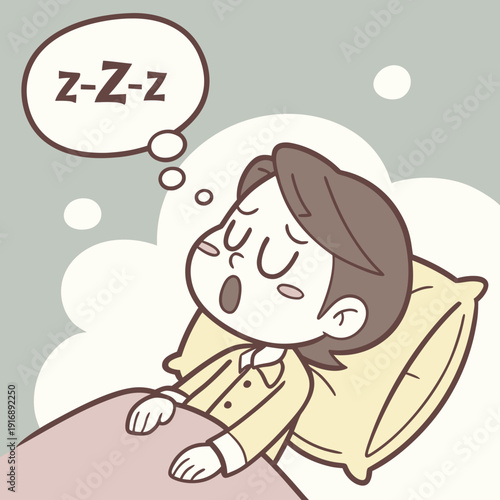 Man sleeping on yellow pillow with zzz speech bubble