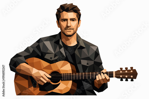 Male musician playing acoustic guitar low poly art digital illustration