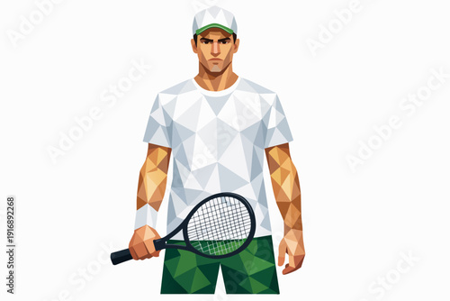 Low poly tennis player illustration holding racket ready for competition
