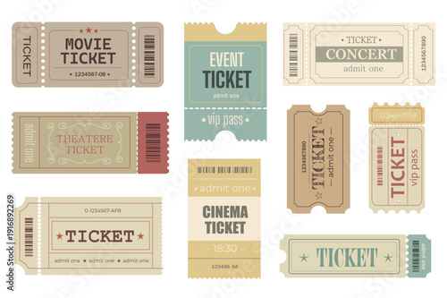 Vintage ticket elements set design. Collection with retro admit pass for movie, event, concert, theatre, cinema and other party, paper entry coupon, cardboard admission flier. Vector illustration.