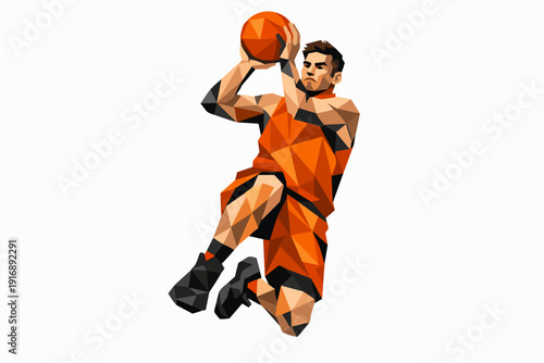 Basketball player making jump shot in low poly style illustration