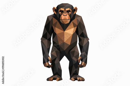 Low poly chimpanzee illustration standing, facing forward, geometric polygonal animal art