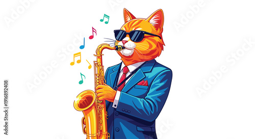 Orange tabby cat in a light blue suit and cool sunglasses plays a golden saxophone with colorful notes.