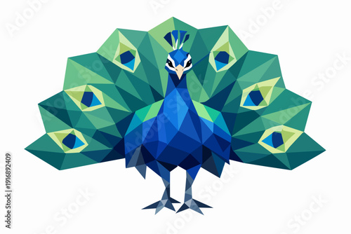 Peacock showing colorful tail feathers in geometric low polygonal style illustration