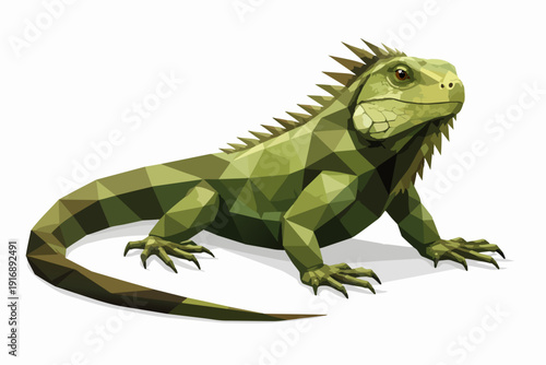 Green iguana low poly vector art. Geometric wild reptile on white background
