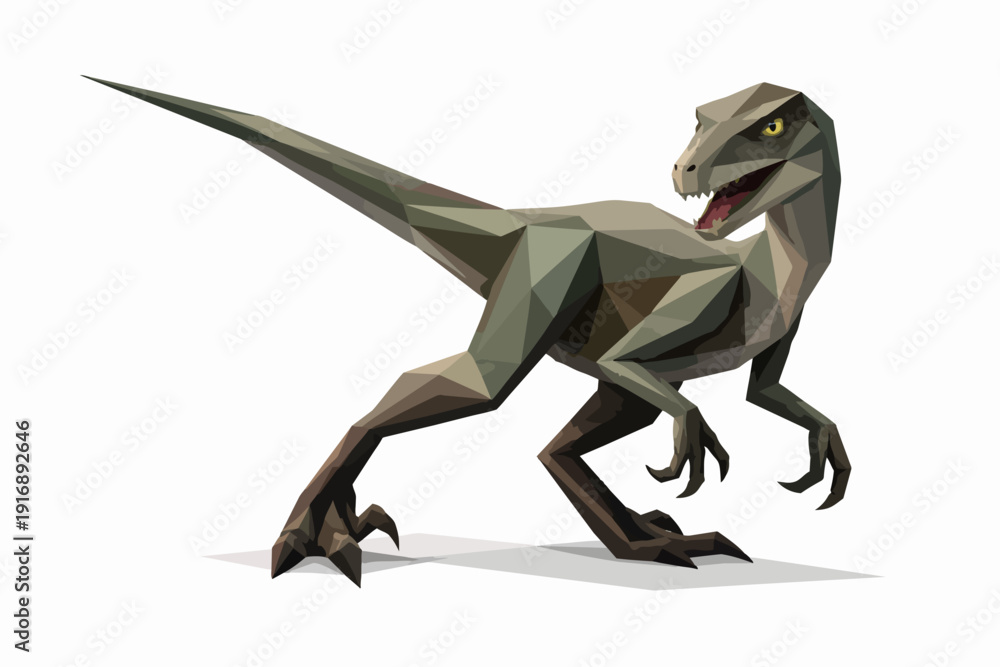 Fototapeta premium Velociraptor dinosaur low poly rendering with geometric shapes isolating extinct animal