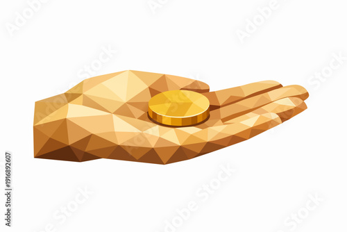 Low-poly hand providing golden coin, representing cryptocurrency and digital finance