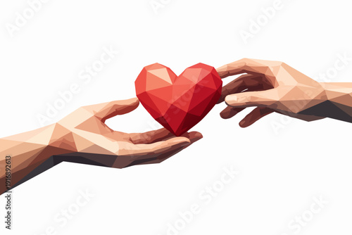 Two low poly hands exchanging a red heart, symbolizing love, giving, and empathy