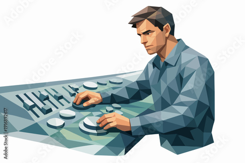 Man controlling audio mixer, making music in contemporary low poly style