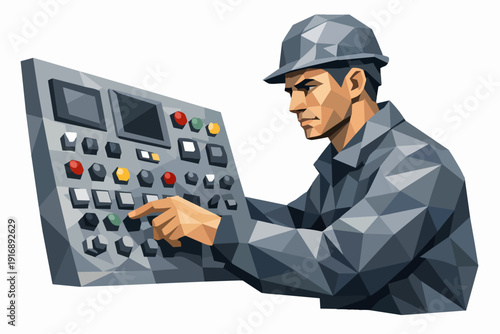 Industrial worker operating a control panel, managing automation and technology systems
