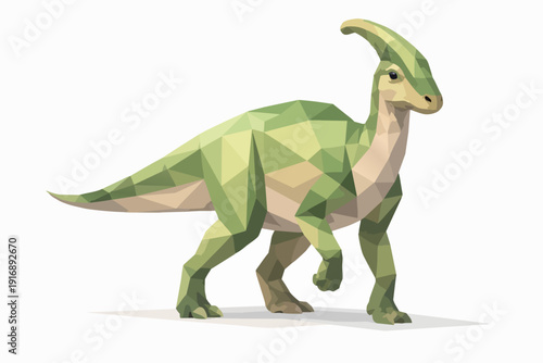 Parasaurolophus low poly art walking, prehistoric green dinosaur character design