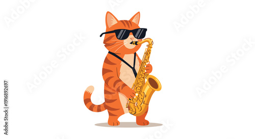 Orange tabby cat in black sunglasses stands and plays a golden saxophone with a neck strap.