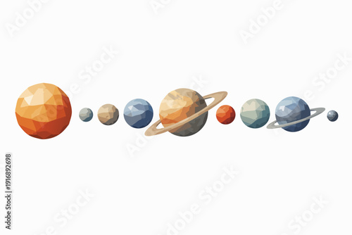 Solar system planets and sun alignment in low poly style on white background