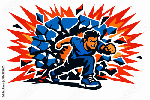 Man bursting through wall, demonstrating strength, power, and breakthrough concept