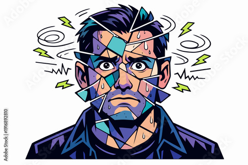 Man's face breaking apart feeling stress, headache, and mental pressure