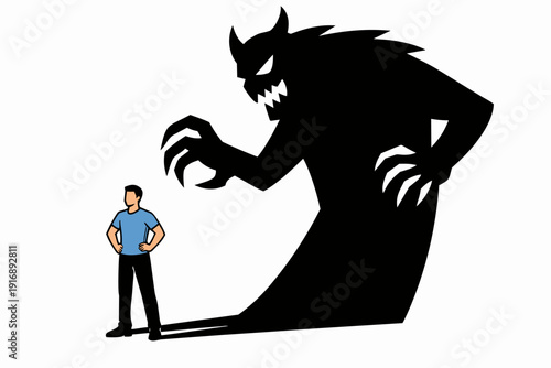 Man confronting inner demon, big monster shadow representing fear and dark alter ego