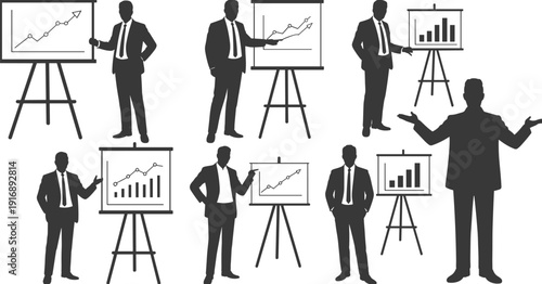 Eight businessmen presenting graphs and charts on easels in a monochromatic