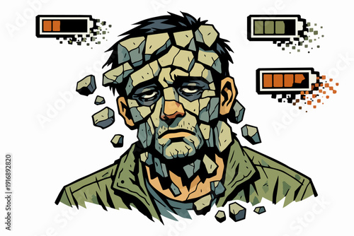 Person crumbling fragmented, experiencing burnout and mental exhaustion with low energy