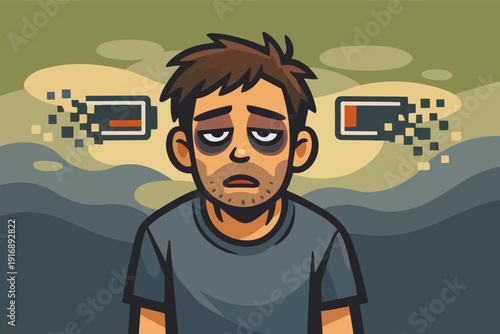 Overworked man experiencing burnout, fatigue, and low energy levels