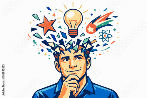 Man thinking an innovative idea, lightbulb moment and creativity exploding