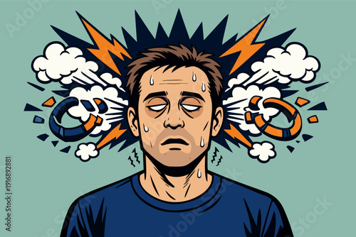 Man feeling extreme burnout, stress, and mental exhaustion with noisy head