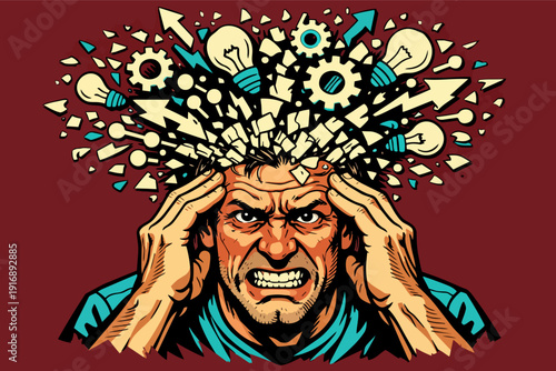 Man experiencing stress and information overload with ideas exploding from head
