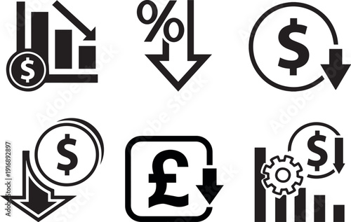 Set of financial loss icons representing currency decline and economic downturn with down arrows and graphs flat vector design for business concepts