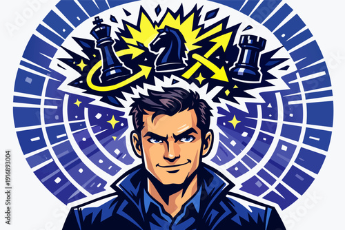 Man thinking about chess strategy and tactics in a mental challenge