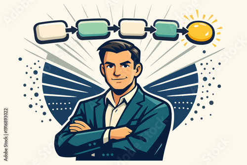 Businessman identifying process steps for successful strategy and business achievement