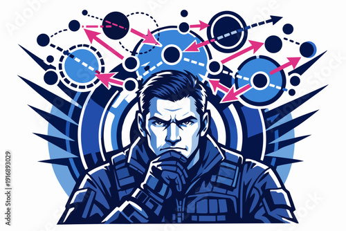 Man strategizing, analyzing complex data, making critical decisions for mission success