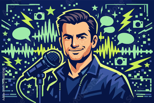 Podcaster man speaking into microphone with soundwaves and communication icons