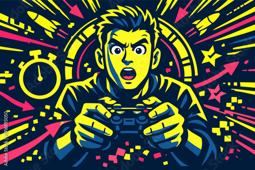 Young man playing video game with controller, expressing intense emotion and competitiveness