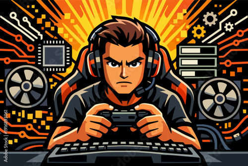 Gamer playing video game with console controller, competitive esports gaming