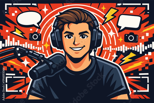 Male content creator hosting live stream or podcast, wearing headphones and speaking