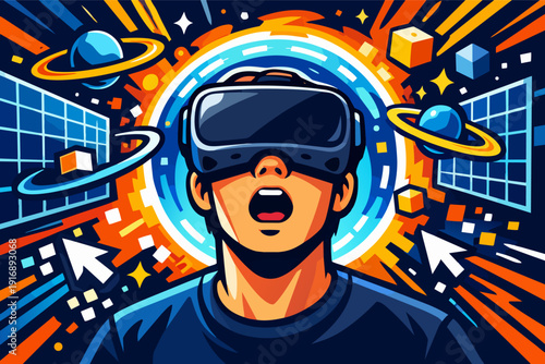 Man feeling amazed experiencing virtual reality in metaverse with digital elements