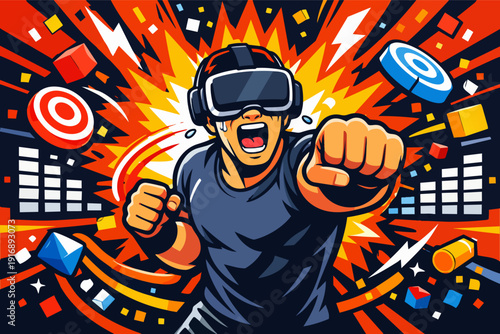 Person experiencing virtual reality world, punching and immersed in interactive game