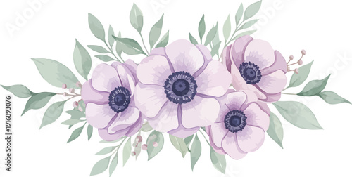 Beautiful watercolor illustration of purple anemone flowers with green leaves on white background
