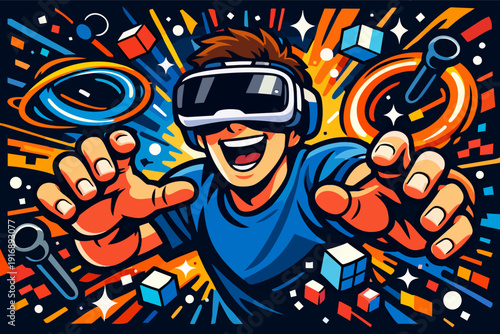 Excited gamer exploring virtual reality metaverse with hands interacting with digital world