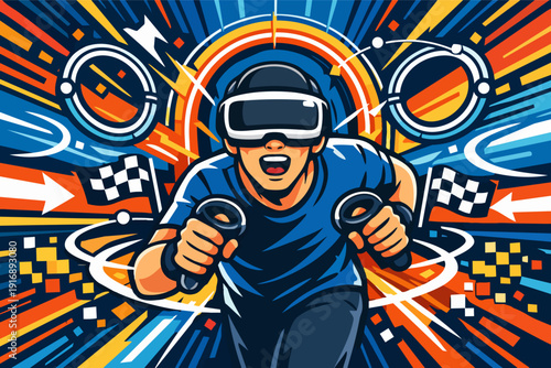 Gamer wearing virtual reality headset experiencing exciting racing game simulation