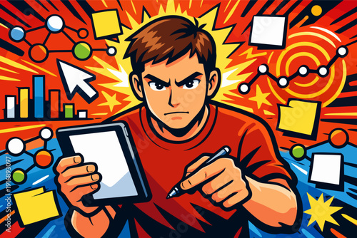 Determined man analyzing data and solving problems with digital tablet