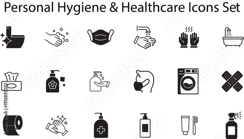 Personal Hygiene & Healthcare Vector Icons Set – Cleanliness, Sanitation, Medical, and Wellness Essentials Collection