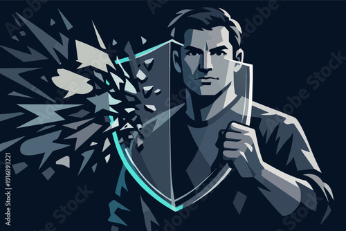 Man holding shield breaking, symbolizing defense, security, and protection concept