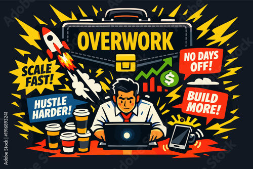 Overworked employee creating under pressure and facing demands of hustle culture