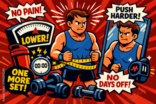 Man struggling with toxic productivity and high demand workout while measuring waist