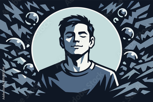 Man finding inner peace and calm, meditating amidst modern life stress