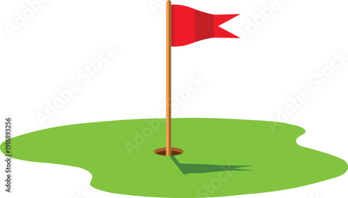 Red golf flag on green grass with hole and shadow