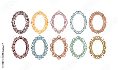 Collection of Decorative Oval Frames in Pastel Colors, Isolated on White